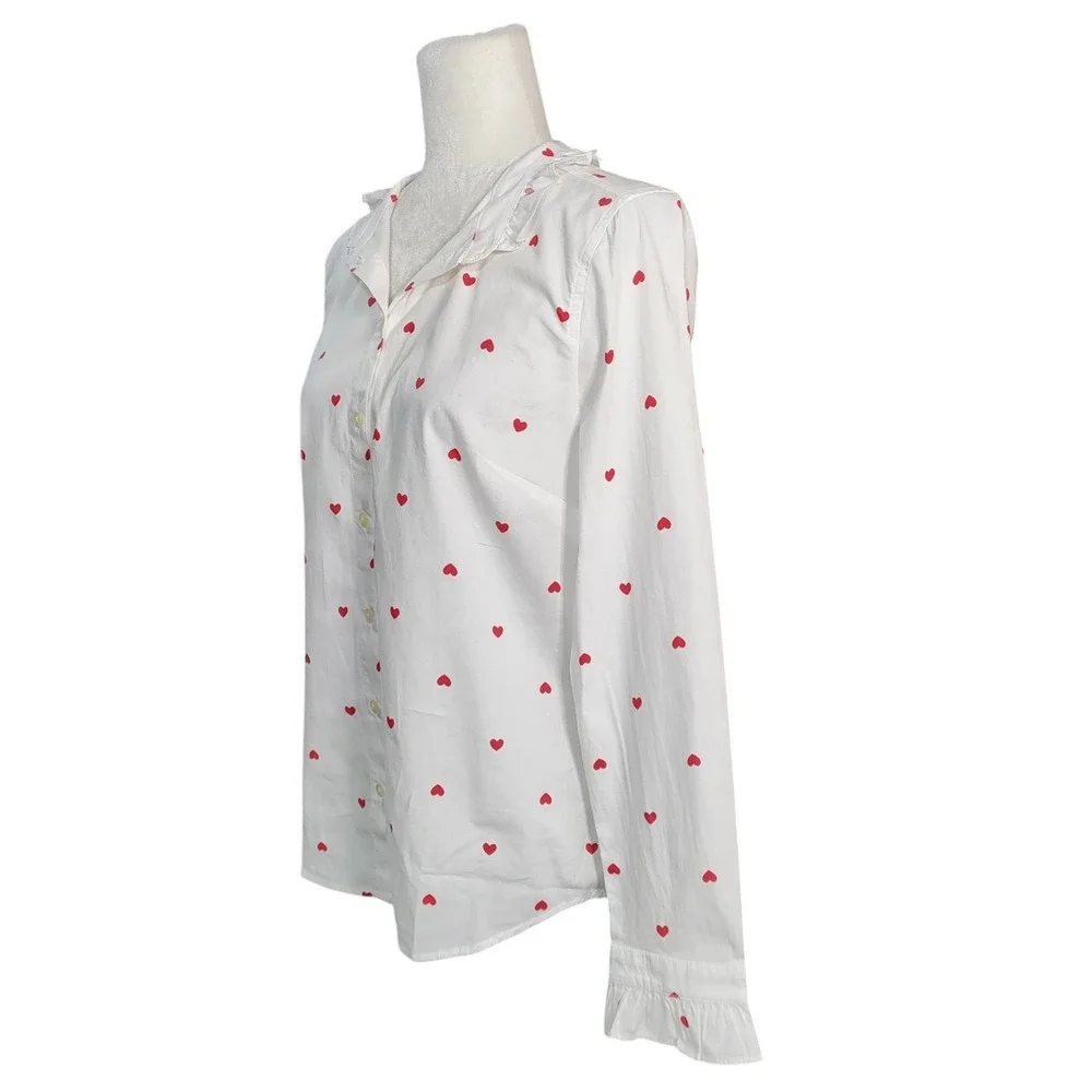 J. Crew NEW Heart Print Button Down Shirt White Ruffle Collar Cute Small NWT